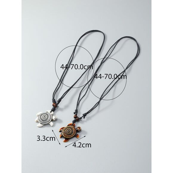 Tribal Surfer Turtle Pendant Necklace Set of 2 Adjustable Cord Brwn White Carved - Picture 4 of 5